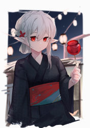 Rule 34 | 1girl, absurdres, alternate costume, alternate hairstyle, ao oni (onioni-aoi), arknights, black kimono, braid, candy apple, closed mouth, crown braid, folding fan, food, hair ornament, hand fan, highres, holding, holding food, japanese clothes, kimono, lantern, long sleeves, looking at viewer, night, night sky, obi, outdoors, pointy ears, red eyes, revision, sash, short hair, sky, solo, upper body, warfarin (arknights), wide sleeves, yukata