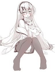 Rule 34 | 1girl, absurdres, between legs, blush, finger to mouth, girls&#039; frontline, hair between eyes, hair ornament, hairband, hairclip, hand between legs, highres, index finger raised, knees together feet apart, long hair, long sleeves, looking at viewer, mg4 (girls&#039; frontline), mg4 (survival club) (girls&#039; frontline), no shoes, official alternate costume, pantyhose, pleated skirt, shirt, simple background, sitting, skirt, sleeves past wrists, solo, tandohark, very long hair, white background