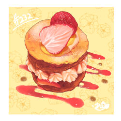 Rule 34 | absurdres, cream, food, food focus, fruit, highres, no humans, original, pastry, strawberry, strawberry syrup, syrup, takisou sou