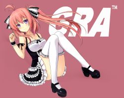 Rule 34 | 1girl, ahoge, bad id, bad pixiv id, blush, breasts, cleavage, dress, lolita fashion, long hair, mary janes, original, pink hair, purple eyes, shoes, side ponytail, smile, solo, terras, thighhighs, wristband