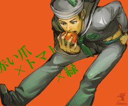 Rule 34 | 1boy, dixie cup hat, eating, food, fruit, green eyes, hat, higashikata josuke (jojolion), hymc, jojo no kimyou na bouken, jojolion, male focus, military hat, peach, solo