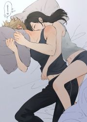 1boy, 1girl, bangs, bare shoulders, bed sheet, black hair, black pants, black shorts, blonde hair, blush, cloud strife, couple, covering face, embarrassed, eyes closed, final fantasy, final fantasy vii, from above, grey shirt, heart, hetero, highres, holding, holding pillow, hug, hug from behind, khaw (cloudstdontcare), long hair, lying, midriff, navel, on side, pants, pillow, shirt, short hair, shorts, shoulder blush, sleeping, sleeveless, sleeveless shirt, spiked hair, symbol commentary, tank top, tifa lockhart