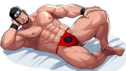 Rule 34 | 1boy, abs, bara, beard, black hair, body hair, cigarette, facial hair, forehead protector, full body, fundoshi, hand on thigh, japanese clothes, konohagakure symbol, large pectorals, looking at viewer, male focus, male pubic hair, male underwear, manly, muscular, naruto (series), nipples, pectorals, pubic hair, red male underwear, revealing clothes, sakuramarusan, sarutobi asuma, smile, solo, thick thighs, thighs