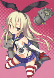 Rule 34 | 10s, 1girl, anchor, black panties, blonde hair, blush, boots, brown eyes, elbow gloves, gloves, grey footwear, hair ornament, hairband, highleg, highleg panties, kantai collection, long hair, looking at viewer, namanie, navel, panties, personification, rensouhou-chan, shimakaze (kancolle), solo, striped clothes, striped thighhighs, thighhighs, underwear, white gloves