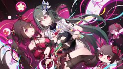 2girls :d bare_shoulders black_gloves black_hair black_thighhighs character_doll detached_sleeves gloves grey_hair gun hair_ornament handgun highres holding holding_gun holding_weapon honkai:_star_rail honkai_(series) honkai_impact_3rd huang_tie_lin long_hair looking_at_viewer mask mask_on_head multiple_girls open_mouth pink_eyes revolver short_sleeves single_thighhigh smile sparkle_(honkai:_star_rail) thigh_strap thighhighs twintails very_long_hair vita_(honkai_impact) weapon wrist_cuffs