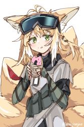 Rule 34 | 1girl, :t, absurdres, animal ear fluff, animal ears, arknights, blonde hair, blush, closed mouth, commentary, commission, doughnut, eating, english commentary, food, fox ears, fox girl, fox tail, goggles, goggles on head, green eyes, grey jacket, hair between eyes, highres, holding, holding food, jacket, kitsune, lahaijiaojiao, long hair, looking at viewer, short sleeves, simple background, solo, suzuran (arknights), suzuran (lostlands flowering) (arknights), tail, twitter username, upper body, white background