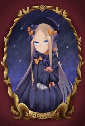 Rule 34 | 1girl, abigail williams (fate), black bow, black dress, black hat, blonde hair, blue eyes, blush, bow, breasts, dress, fate/grand order, fate (series), forehead, hair bow, hat, highres, kubomi 943, long hair, long sleeves, looking at viewer, multiple bows, orange bow, parted bangs, polka dot, polka dot bow, ribbed dress, sleeves past fingers, sleeves past wrists, small breasts, stuffed animal, stuffed toy, teddy bear