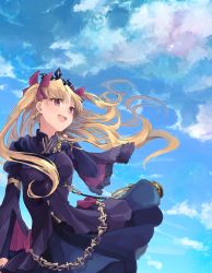 Rule 34 | 1girl, armlet, birdcage, blonde hair, blue dress, blush, breasts, cage, chain, cloud, collar, commentary request, day, dress, earrings, ereshkigal (fate), ereshkigal (third ascension) (fate), fate/grand order, fate (series), floating hair, fur trim, hair ribbon, hand on own shoulder, highres, jewelry, light blush, long hair, long sleeves, looking afar, medium breasts, mitu-yuki, outdoors, parted bangs, red eyes, red ribbon, ribbon, skull, sky, solo, tiara, tohsaka rin, twintails, two side up, upper body, wind