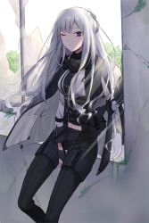 Rule 34 | 1girl, ak-12 (girls&#039; frontline), ammunition pouch, artificial eye, between legs, braid, broken window, closed mouth, french braid, girls&#039; frontline, glass, gloves, hair ribbon, hand between legs, highres, leaning on object, long hair, looking at viewer, mask, mask around neck, mechanical eye, midriff, one eye closed, pants, partially fingerless gloves, pouch, purple eyes, qb 516, ribbon, sidelocks, silver hair, tactical clothes, tree, windowsill