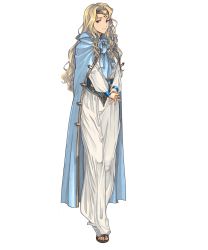Rule 34 | 1girl, amiba (nerdamiba), blonde hair, blue eyes, bow, cape, circlet, cloak, closed mouth, dress, edain (fire emblem), feet, fire emblem, fire emblem: genealogy of the holy war, full body, headpiece, highres, long dress, long hair, long sleeves, looking at viewer, nintendo, own hands together, sandals, solo, transparent background, wavy hair, white dress