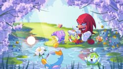 Rule 34 | 1boy, caustics, chao (sonic), day, flower, flower wreath, furry, furry male, galaxylover06, gloves, grass, highres, holding, holding flower, holding wreath, knuckles the echidna, lily pad, orange flower, outdoors, pink flower, pond, red fur, shoes, sonic (series), water, white flower, white gloves, wisteria