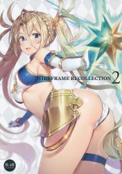 Rule 34 | 1girl, absurdres, armor, ass, bare shoulders, blonde hair, blue eyes, blush, bradamante (fate), bradamante (third ascension) (fate), braid, breasts, clenched hand, content rating, crown braid, elbow gloves, fate/grand order, fate (series), faulds, floating, floating object, gloves, good ass day, highres, long hair, looking at viewer, looking back, medium breasts, midriff, open mouth, scan, shiny clothes, shiny skin, simple background, sleeveless, smile, solo, thigh strap, thighs, twintails, very long hair, white background, yuuki hagure