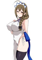 Rule 34 | 1girl, ahoge, bare shoulders, black hair, blush, braid, breasts, brown eyes, brown hair, china dress, chinese clothes, commentary request, covered navel, dress, covered erect nipples, hairband, highres, idolmaster, idolmaster shiny colors, kuwayama chiyuki, large breasts, long hair, looking at viewer, panties, side-tie panties, simple background, smile, solo, sweatdrop, tawashi1623, underwear, white background, white panties