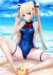 Rule 34 | arm support, artist name, azur lane, bare arms, bare shoulders, barefoot, beach, black ribbon, blonde hair, blue eyes, blue one-piece swimsuit, blue sky, bottle, breasts, cloud, commentary request, covered navel, day, dead or alive, frilled swimsuit, frills, full body, hair ornament, hair ribbon, highres, long hair, looking at viewer, manjuu (azur lane), marie rose, neck ribbon, nekoya (liu), ocean, one-piece swimsuit, outdoors, partial commentary, pouring, pouring onto self, red ribbon, ribbon, sand, sidelocks, signature, sitting, sky, small breasts, sunlight, swimsuit, toes, twintails, water, water bottle, x hair ornament
