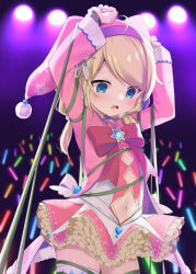 Rule 34 | 1girl, ahoge, arms up, blonde hair, blue eyes, blush, bow, clothing cutout, commentary request, commission, cowboy shot, dress, frilled dress, frills, glowstick, hair over shoulder, idolmaster, idolmaster cinderella girls, long hair, long sleeves, looking away, looking down, low twintails, navel, navel cutout, open mouth, pink dress, pink headwear, pixiv commission, plant, red bow, restrained, solo, standing, sweat, swept bangs, thighhighs, twintails, usagimiko, vines, white thighhighs, wide sleeves, yusa kozue
