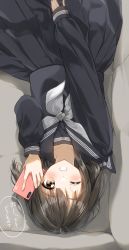 Rule 34 | 1girl, black hair, black sailor collar, black serafuku, black shirt, black skirt, blush, brown eyes, cellphone, commentary request, couch, grey neckerchief, grin, hand up, highres, holding, holding phone, long sleeves, looking at viewer, lying, neckerchief, on back, on couch, one eye closed, original, pentagon (railgun ky1206), phone, pleated skirt, sailor collar, school uniform, serafuku, shirt, skirt, sleeves past wrists, smile, solo, translation request