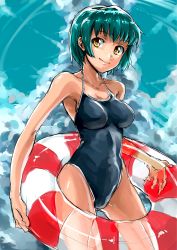 Rule 34 | 1girl, absurdres, bad id, bad pixiv id, breasts, competition school swimsuit, green hair, highres, innertube, isshi pyuma, one-piece swimsuit, original, school swimsuit, short hair, solo, swim ring, swimsuit, yellow eyes
