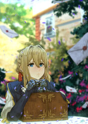 Rule 34 | 10s, 1girl, blonde hair, blue eyes, blue jacket, blurry, blurry background, blurry foreground, blush, box, braid, depth of field, elbows on table, hair between eyes, hair intakes, hair ribbon, head rest, highres, jacket, justin leyva (steamy tomato), letter, long sleeves, looking afar, mechanical arms, parted lips, prosthesis, prosthetic hand, red ribbon, ribbon, signature, solo, violet evergarden, violet evergarden (series)