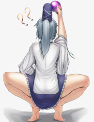 Rule 34 | 1girl, ?, ass, ayakumo, back, ball, bare legs, barefoot, commentary request, feet, hat, hat ribbon, highres, long sleeves, miniskirt, mononobe no futo, ponytail, ribbon, shirt, silver hair, skirt, soles, solo, spread legs, squatting, touhou, wide sleeves