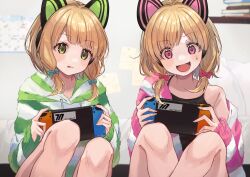 Rule 34 | 2girls, animal ear headphones, animal ears, black tank top, blonde hair, blue archive, bow, cat ear headphones, fake animal ears, green bow, hair bow, headphones, highres, jacket, midori (blue archive), momoi (blue archive), multiple girls, nintendo switch, parted bangs, pink eyes, playing games, red bow, siblings, sisters, sitting, soraneko (purin kudasai), striped clothes, striped jacket, sweatdrop, tank top, tongue, tongue out, twins