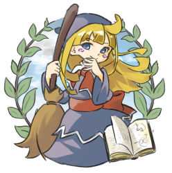 Rule 34 | 1girl, blonde hair, blue eyes, blue sky, blush stickers, book, broom, closed mouth, cloud, hand up, hat, holding, holding broom, leaf, long hair, long sleeves, looking at viewer, madou monogatari, nishikuromori, open book, purple hat, purple shirt, purple skirt, puyo (puyopuyo), puyopuyo, red ribbon, ribbon, sash, shirt, simple background, skirt, sky, smile, solo, straight hair, white background, wide sleeves, witch, witch (puyopuyo)