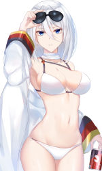 Rule 34 | 1girl, absurdres, adjusting eyewear, alternate costume, armpits, azur lane, baggy clothes, bikini, blue eyes, breasts, can, cleavage, coat, collarbone, cowboy shot, cross, cross earrings, earrings, eternity (pixiv8012826), eyewear on head, groin, hair between eyes, hand on eyewear, highres, holding, holding can, jewelry, large breasts, looking at viewer, navel, parted lips, scarf, short hair, sidelocks, silver hair, simple background, skindentation, solo, sparkle, stomach, sunglasses, swimsuit, thighs, tirpitz (azur lane), tirpitz (snow-melting summer) (azur lane), wet, white background, white bikini, white coat, white scarf