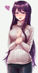 Rule 34 | bad proportions, black pants, blush, breasts, cowboy shot, doki doki literature club, hair between eyes, hair ornament, hairclip, highres, hita, holding own arm, long hair, long sleeves, looking at viewer, open mouth, pants, purple eyes, purple hair, ribbed sweater, simple background, smile, solo, standing, sweater, very long hair, yuri (doki doki literature club)