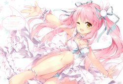 Rule 34 | 1girl, absurdres, anklet, bare shoulders, barefoot, blue panties, blush, bow, bracelet, breasts, brown eyes, choker, cleavage, dress, frilled dress, frills, hair ornament, highres, jewelry, looking at viewer, medium breasts, mochizuki shiina, one eye closed, open mouth, original, panties, pink hair, rabbit hair ornament, scan, scrunchie, shiny skin, short dress, simple background, sleeveless, sleeveless dress, smile, toes, underwear, white dress, wrist scrunchie