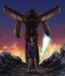 Rule 34 | 1boy, 1girl, alexis (transformers), back-to-back, blue jacket, blue skirt, breasts, brown hair, collared shirt, decepticon, energy sword, fire, green eyes, high heels, holding, holding jewelry, holding necklace, holding sword, holding weapon, jacket, jewelry, mecha, medium breasts, medium hair, mozu suka, necklace, night, night sky, robot, shirt, skirt, sky, standing, star (sky), starry sky, starscream, suit jacket, sword, transformers, transformers energon, transformers unicron trilogy, weapon, white footwear, white shirt