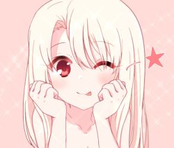 Rule 34 | 1girl, bare shoulders, blush, breasts, chawan (yultutari), closed mouth, collarbone, eyelashes, fate/kaleid liner prisma illya, fate (series), hair between eyes, highres, illyasviel von einzbern, long hair, looking at viewer, one eye closed, pink background, red eyes, small breasts, smile, solo, sparkle, star (symbol), tongue, tongue out, white hair