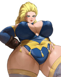 Rule 34 | 1girl, artist logo, artist name, batako (batakoart), blonde hair, blue eyes, breasts, ears, elbow gloves, eyelashes, gloves, hand on own hip, highres, huge breasts, leotard, lips, long hair, looking down, mary ivonskaya, simple background, solo, thick thighs, thighhighs, thighs, tobal, wrestling outfit