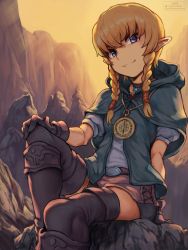 Rule 34 | 1girl, arm support, artist name, belt, black choker, blonde hair, blue eyes, boots, braid, breasts, brown belt, brown gloves, capelet, choker, gloves, hair ornament, highres, hood, hood down, hooded capelet, hyrule warriors, jack rockhardt, jewelry, knee up, linkle, long hair, looking at viewer, necklace, nintendo, pointy ears, rock, shorts, sitting, smile, solo, the legend of zelda, thigh boots, thighhighs, twin braids, watermark