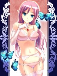 Rule 34 | 1girl, bare shoulders, blue eyes, bra, breasts, bug, butterfly, collarbone, elbow gloves, elf, garter belt, garter straps, gloves, insect, jewelry, kuurunaitsu, lace, lace-trimmed bra, lace-trimmed legwear, lace trim, lingerie, long hair, looking at viewer, navel, necklace, open mouth, original, panties, pink bra, pink hair, pink panties, pink thighhighs, pointy ears, solo, thigh gap, thighhighs, underwear, underwear only