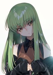 Rule 34 | 1girl, bare shoulders, blush, breasts, c.c., code geass, creayus, earrings, green hair, head tilt, jacket, jewelry, long hair, off shoulder, simple background, sleeves past wrists, solo, white background, yellow eyes