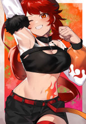 Rule 34 | 1girl, arm up, armpits, belt, black bra, black shorts, blush, bra, breasts, cleavage, clenched hand, cropped jacket, dola (6th costume) (nijisanji), dola (nijisanji), dragon girl, dragon horns, flame print, grin, hati105, highres, horns, large breasts, long hair, long sleeves, looking at viewer, midriff, navel, nijisanji, official alternate costume, red belt, red eyes, red hair, see-through, shorts, shrug (clothing), smile, solo, sports bra, stomach, stomach tattoo, sweat, tattoo, underwear, very long hair, virtual youtuber