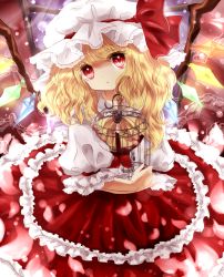 Rule 34 | 1girl, adapted costume, birdcage, blonde hair, cage, crystal, female focus, flandre scarlet, frills, hat, hat ribbon, long skirt, open mouth, puffy sleeves, red eyes, ribbon, short hair, short sleeves, side ponytail, skirt, solo, touhou, wings, yuki 201