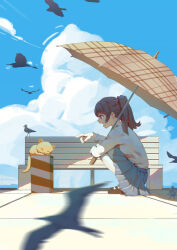 Rule 34 | 1girl, absurdres, bench, bird, black bird, black hair, blue skirt, blurry, blurry foreground, breasts, cat, cloud, cumulonimbus cloud, day, flying, highres, holding, holding umbrella, long sleeves, mary janes, medium breasts, motion blur, open mouth, original, outdoors, parasol, plaid umbrella, pleated skirt, pointing, ponytail, profile, red eyes, shadow, shirt, shoes, skirt, sky, sleeping animal, solo, suzi, tile floor, tiles, umbrella, white shirt, yellow cat