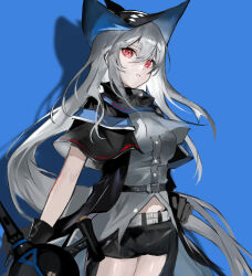 Rule 34 | 1girl, arknights, black cape, black capelet, black gloves, black headwear, black pants, blue background, breasts, cape, capelet, clothing cutout, commentary request, cowboy shot, drop shadow, gloves, grey hair, grey shirt, hair between eyes, head tilt, highres, leggings, long hair, looking at viewer, medium breasts, pants, red eyes, s 4ik4, shirt, simple background, skadi (arknights), solo, standing, thigh cutout, thighs, very long hair