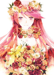 Rule 34 | 1girl, blue eyes, bouquet, bow, chris4708, eyelashes, female focus, flower, gradient background, hair flower, hair ornament, head wreath, highres, jewelry, long hair, megurine luka, necklace, pink eyes, pink hair, portrait, rose, simple background, smile, solo, swept bangs, vocaloid, white background
