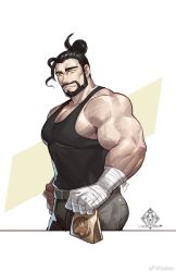 Rule 34 | 1boy, arm tattoo, bandaged hand, bandaged wrist, bandages, bara, belt, biceps, black hair, black tank top, closed mouth, facial hair, highres, large pectorals, long hair, looking at viewer, male focus, mature male, muscular, muscular male, original, pectorals, selkiro, shoulder tattoo, smile, solo, tank top, tattoo, yellow eyes