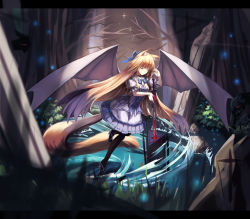 Rule 34 | 1girl, absurdres, animal ears, bare tree, bat wings, black pantyhose, blonde hair, blood, blurry, bow, cat ears, cat tail, closed eyes, corset, crimson k night, cross, depth of field, dress, fox ears, fox tail, helic (7317helic), highres, letterboxed, light particles, long hair, original, pantyhose, planted, planted sword, planted weapon, puffy sleeves, ribbon, short sleeves, solo, star (sky), sword, tail, tree, very long hair, water, weapon, wings
