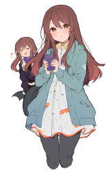 Rule 34 | 2girls, :d, bad id, bad twitter id, bag, blue jacket, blush, brown eyes, brown hair, cellphone, closed eyes, cropped legs, dress, grey dress, grey pants, heart, holding, holding phone, hood, hooded jacket, ikeuchi tanuma, jacket, long hair, long sleeves, looking at viewer, multiple girls, open clothes, open jacket, open mouth, original, osaki amana, osaki tenka, own hands together, pants, parted lips, phone, purple jacket, short dress, shoulder bag, siblings, simple background, sisters, smartphone, smartphone case, smile, white background