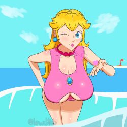 Rule 34 | 1girl, beach, blonde hair, blowing kiss, blue eyes, breasts, cleavage, cleavage cutout, clothing cutout, hand on own hip, heart, highres, large breasts, leaning forward, legs, long hair, looking at viewer, mario (series), nintendo, ocean, one-piece swimsuit, one eye closed, princess, princess peach, proto piranha, puckered lips, super mario sunshine, swimsuit, thighs, water, wink