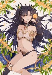 Rule 34 | 1girl, asymmetrical bangs, bikini, black hair, black ribbon, black thighhighs, breasts, collarbone, detached collar, earrings, fate/grand order, fate (series), flower, gold trim, hair ribbon, hand up, heavenly boat maanna, highres, hoop earrings, ishtar (fate), jewelry, long hair, looking at viewer, mismatched bikini, navel, osmanthus, parted lips, ribbon, single thighhigh, sitting, small breasts, smile, sodamachi, solo, stomach, swimsuit, thighhighs, tiara, twintails, yellow eyes