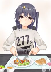 Rule 34 | 1girl, alternate costume, black hair, brown eyes, chair, clothes writing, commission, croissant, cup, food, fork, hair ornament, holding, holding fork, kantai collection, long hair, long sleeves, looking at viewer, makinoki, nail polish, plate, purple nails, scamp (kancolle), simple background, sitting, skeb commission, solo, star (symbol), star hair ornament, sweater, table