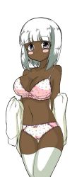 Rule 34 | 1girl, artist request, blunt bangs, blush, breasts, cleavage, cropped legs, dark-skinned female, dark skin, female focus, large breasts, looking at viewer, navel, short hair, solo, standing, thighhighs, third-party edit, transparent background, white hair, white thighhighs