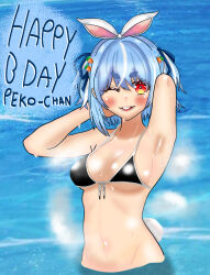 Rule 34 | 1girl, animal ears, armpit crease, arms behind head, arms up, bathing, beach, bikini, bikini top only, birthday, black bikini, blue hair, blush, breasts, buckteeth, carrot, carrot hair ornament, eddarxart, english text, food-themed hair ornament, hair ornament, happy birthday, hololive, hololive fantasy, in water, looking at viewer, medium breasts, multicolored hair, navel, navel piercing, ocean, partially submerged, piercing, rabbit ears, rabbit girl, rabbit tail, red eyes, solo, steam, steaming body, stomach, swimsuit, tail, thick eyebrows, twintails, two-tone hair, usada pekora, virtual youtuber, water, white hair
