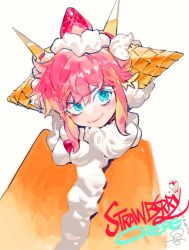 Rule 34 | 1girl, blue eyes, blush, closed mouth, cookie run, cream, food, fruit, head tilt, looking at viewer, pigeon666, pink hair, simple background, smile, solo, strawberry, strawberry crepe cookie, white background