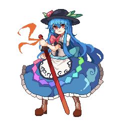 Rule 34 | 1girl, black hat, blue hair, blue skirt, bow, bowtie, brown footwear, center frills, closed mouth, food, frills, fruit, full body, hat, hinanawi tenshi, holding, holding sword, holding weapon, hui mi (hennji echo), leaf, long hair, looking at viewer, peach, red bow, red bowtie, red eyes, shirt, short sleeves, simple background, skirt, solo, sword, sword of hisou, touhou, weapon, white background, white shirt