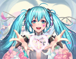 Rule 34 | 1girl, 39, :d, ahoge, aqua eyes, aqua hair, blurry, bridal gauntlets, depth of field, flower, hatsune miku, hatsune miku (append), heart, highres, long hair, looking at viewer, moonandmist, open mouth, outstretched arms, petals, smile, solo, twintails, upper body, vocaloid, vocaloid append